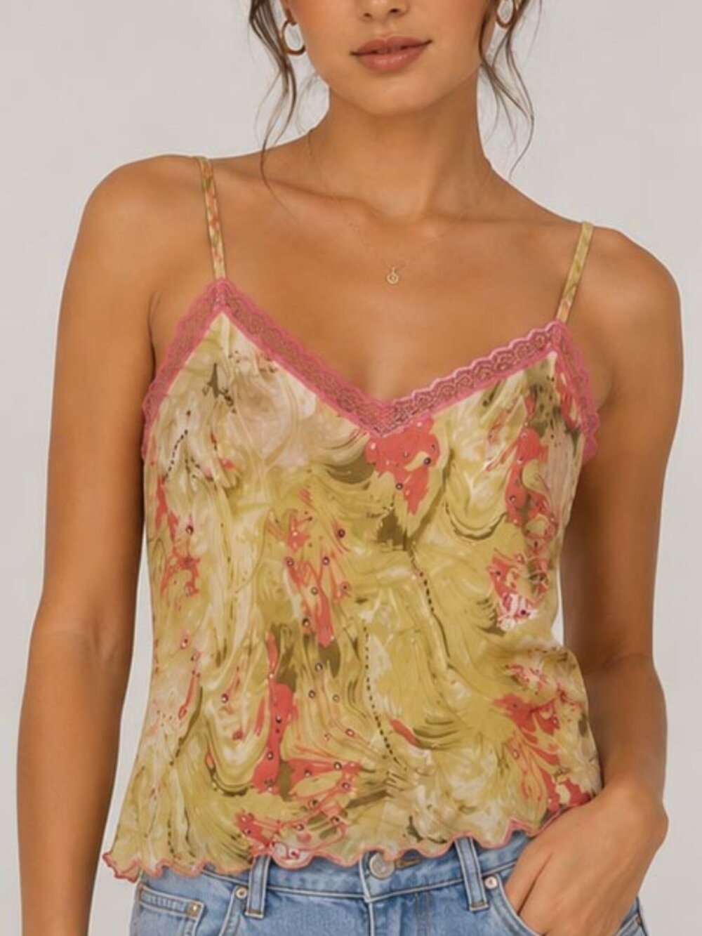Floral Chiffon Cami Top | Beaded Sequin Lace Trim Tank